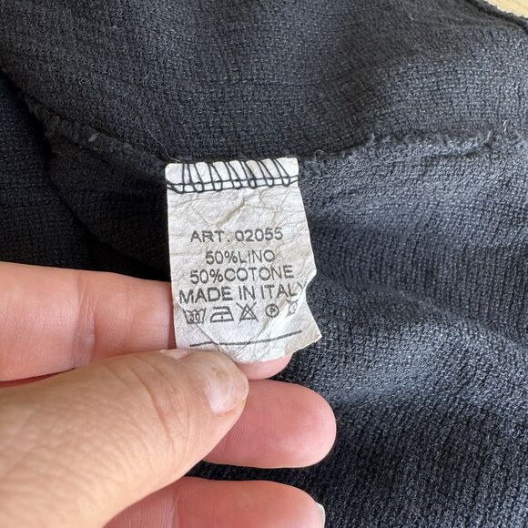 Meo Meli Black Linen Gauze Top Roll Tab Sleeve Abalone Shell Button Up L-XL - Picture 8 of 11